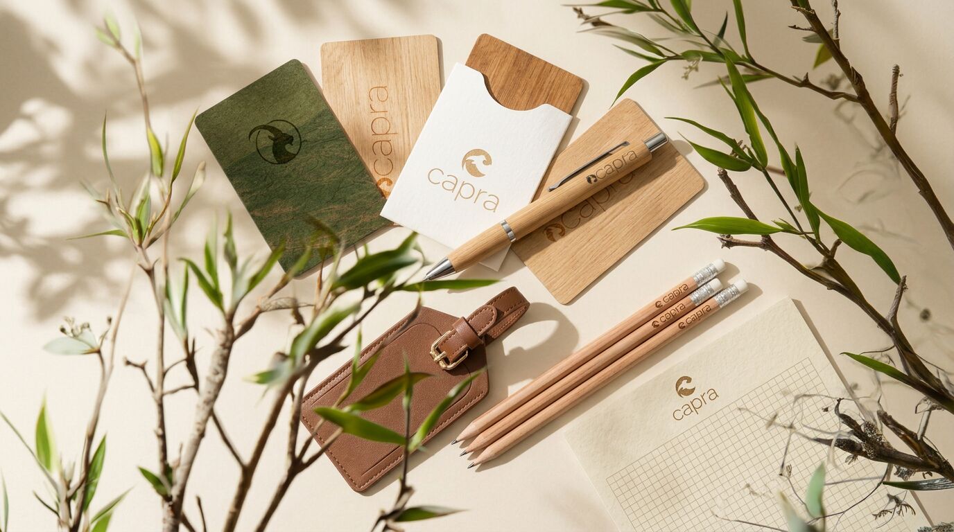 capra Produktübersicht — Keycards, Stifte, Koffertags und Paperwork im Flatlay